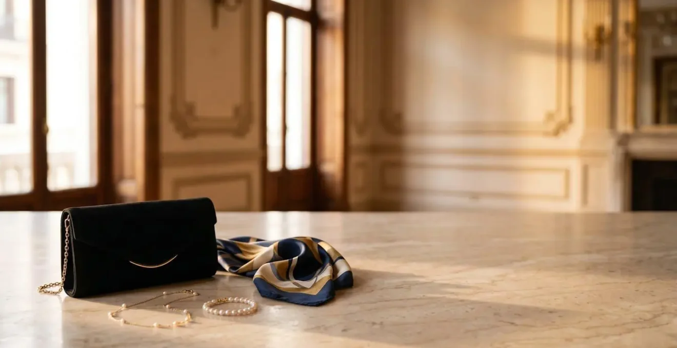 Composición elegante de accesorios de alta gama y joyas discretas preparadas para evento de gala en Madrid