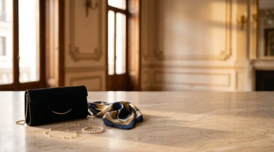 Composición elegante de accesorios de alta gama y joyas discretas preparadas para evento de gala en Madrid