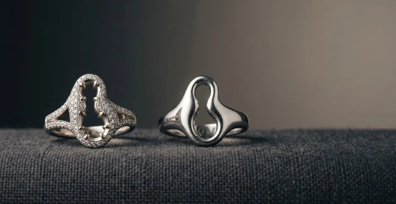 Comparación visual entre alta joyería artesanal y joyería comercial mostrando detalles técnicos de acabado