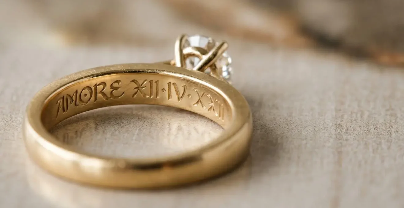 Primer plano detallado de un anillo de compromiso de oro con grabado personalizado en el interior de la banda