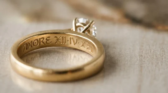 Primer plano detallado de un anillo de compromiso de oro con grabado personalizado en el interior de la banda
