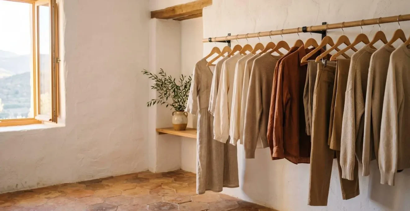Armario minimalista con prendas de moda ética de alta calidad organizadas de forma consciente