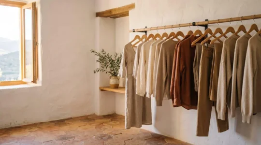 Armario minimalista con prendas de moda ética de alta calidad organizadas de forma consciente