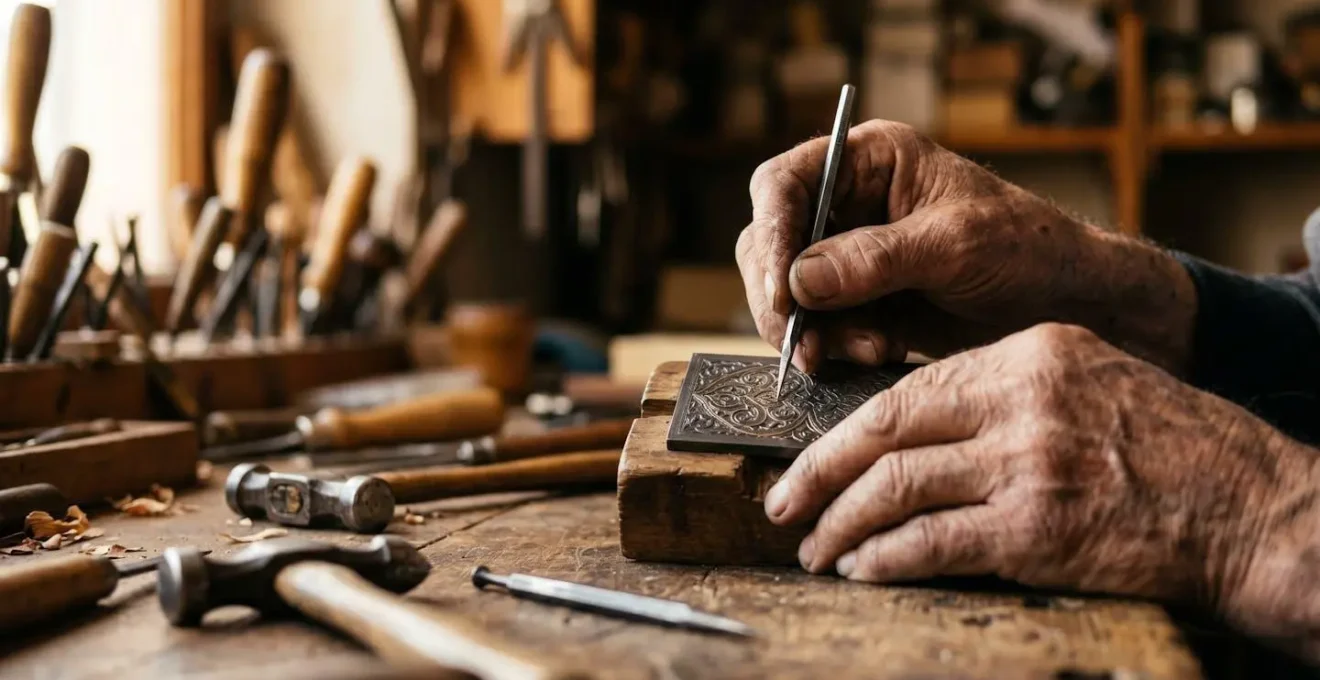Manos de artesano español trabajando meticulosamente detalles de damasquinado en pieza de cuero con herramientas tradicionales sobre mesa de taller