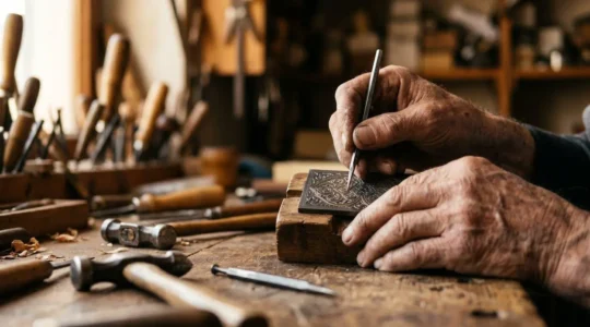 Manos de artesano español trabajando meticulosamente detalles de damasquinado en pieza de cuero con herramientas tradicionales sobre mesa de taller