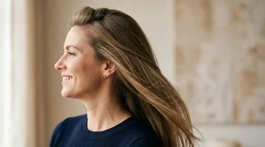 Mujer con cabello liso mostrando técnica de volumen en la raíz con resultado natural y duradero