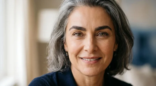 Mujer de 50 años con cejas naturales y definidas mostrando densidad y forma perfecta