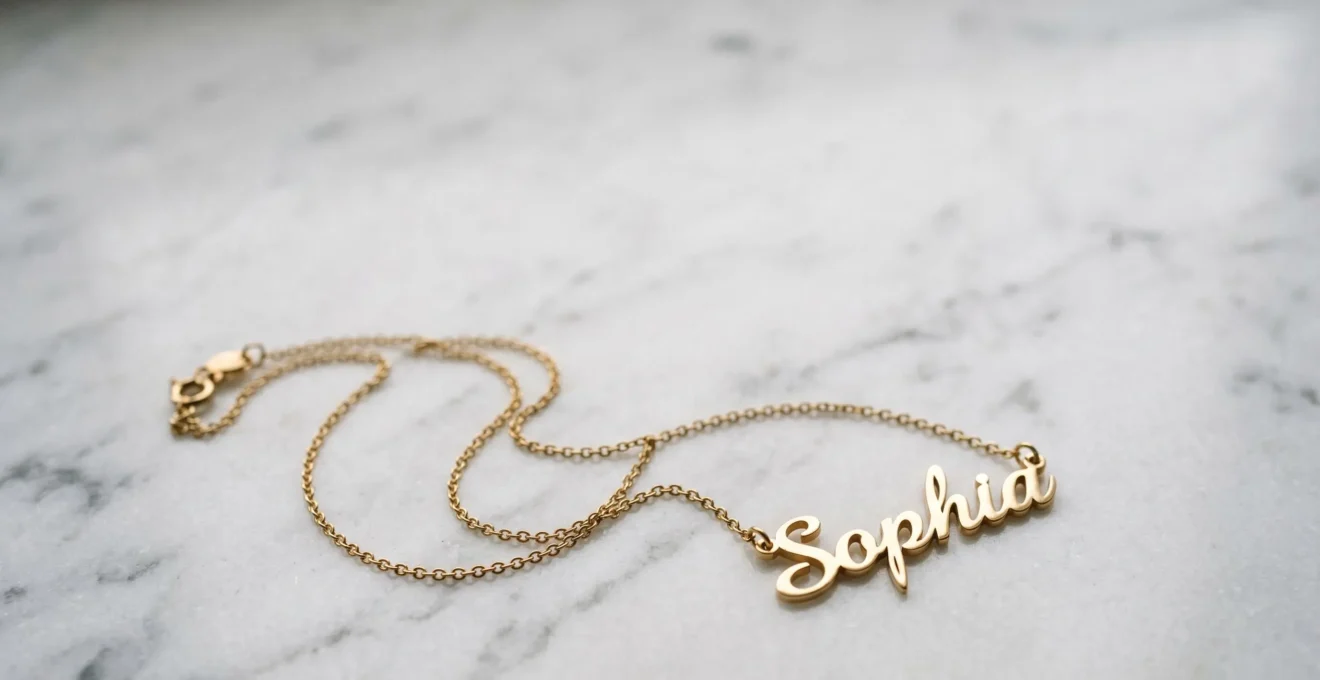 Collar personalizado con nombre en tipografía elegante sobre fondo minimalista con luz natural suave