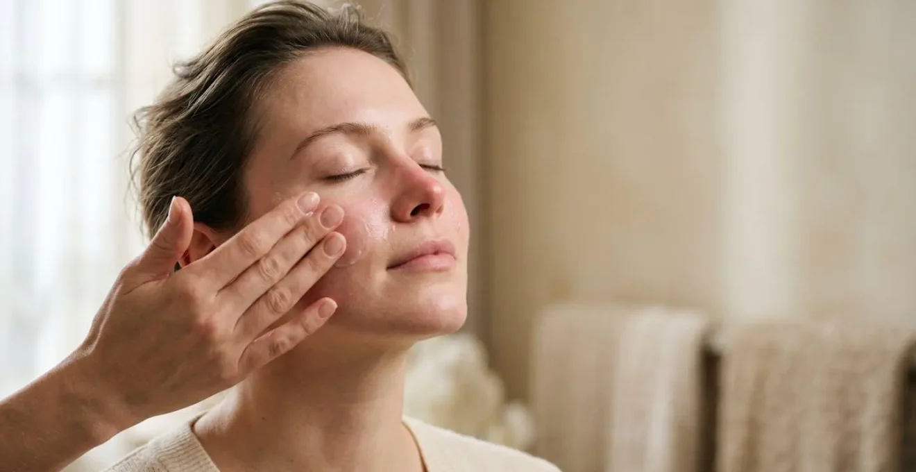 Rostro femenino sereno con piel saludable recibiendo aplicación delicada de producto calmante sin envases visibles