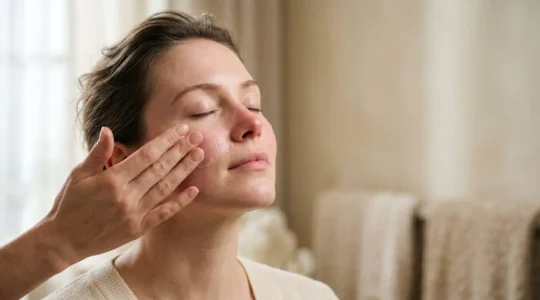 Rostro femenino sereno con piel saludable recibiendo aplicación delicada de producto calmante sin envases visibles