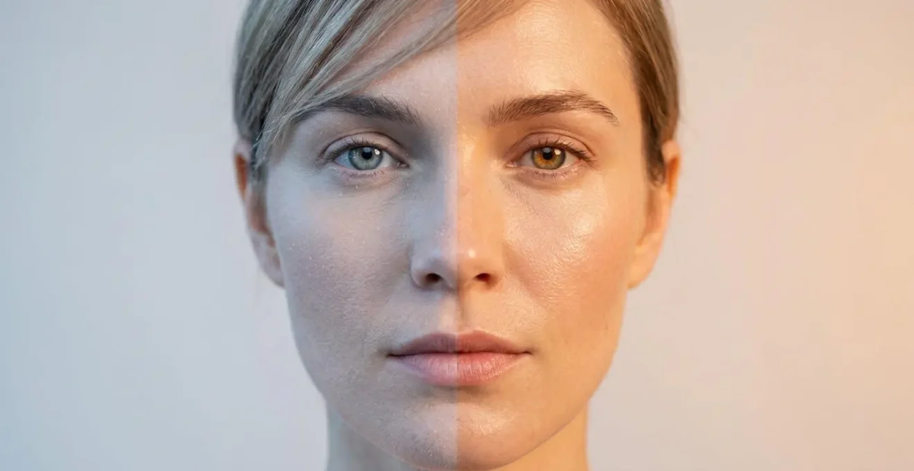 Rostro femenino dividido simbolizando el contraste entre cuidado facial en invierno y verano con luz natural suave