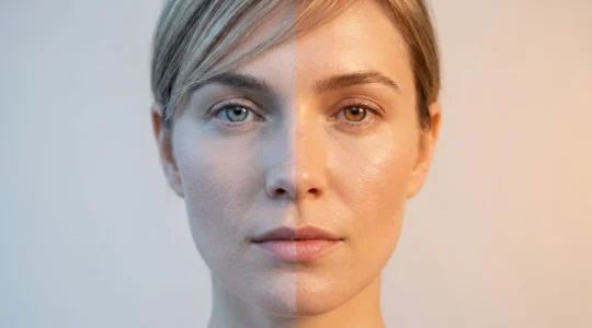 Rostro femenino dividido simbolizando el contraste entre cuidado facial en invierno y verano con luz natural suave