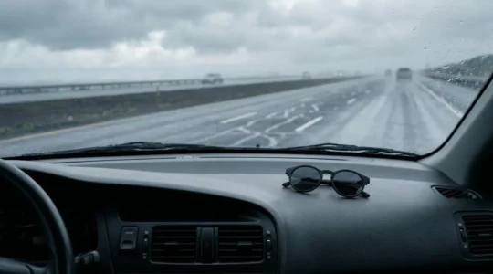 Gafas de sol polarizadas sobre salpicadero de coche con parabrisas reflejando carretera mojada en día nublado