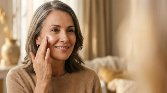 Rostro de mujer madura con piel texturizada aplicando iluminador en pomulos con tecnica profesional para lograr glow luminoso sin resaltar arrugas