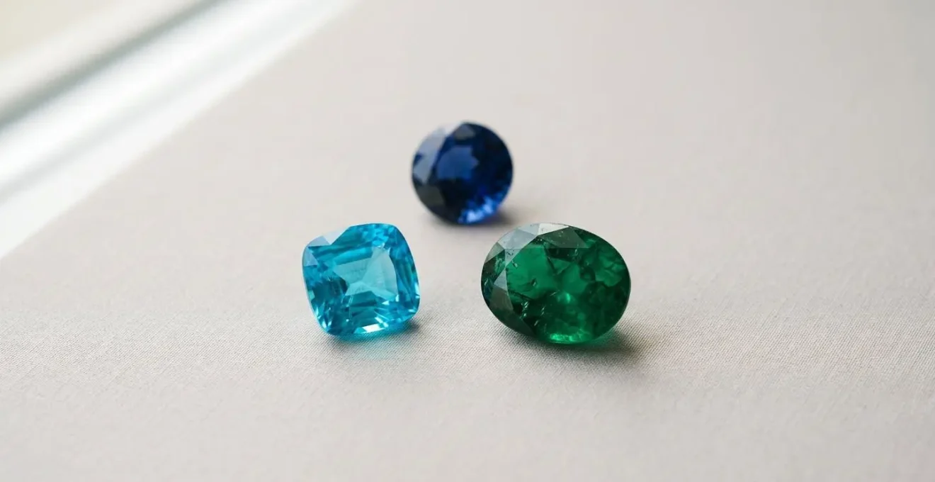 Gemas preciosas de colores vibrantes dispuestas sobre superficie neutra con iluminación natural suave