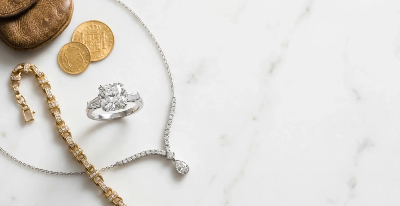 Composición sofisticada de joyas de alta gama sobre superficie de mármol que representa inversión patrimonial en España