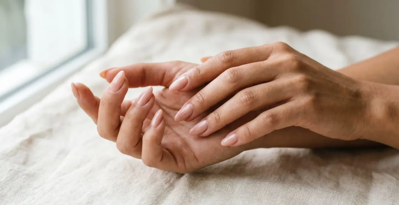 Manos femeninas con manicura profesional perfecta en tonos nude con acabado brillante