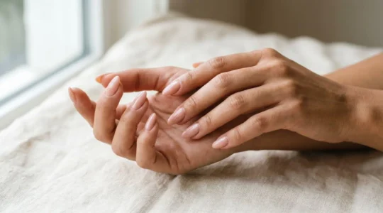 Manos femeninas con manicura profesional perfecta en tonos nude con acabado brillante