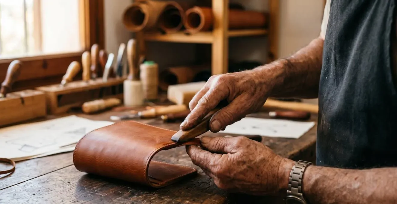 Manos de artesano trabajando cuero de alta calidad en taller tradicional de marroquinería española