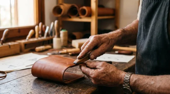 Manos de artesano trabajando cuero de alta calidad en taller tradicional de marroquinería española
