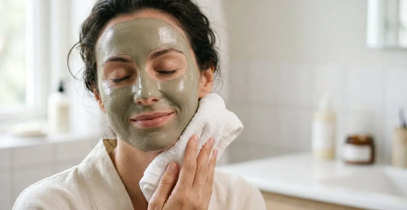 Aplicación de mascarilla de arcilla verde sin secado completo con toalla húmeda