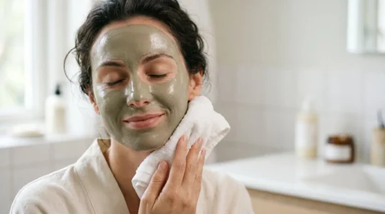 Aplicación de mascarilla de arcilla verde sin secado completo con toalla húmeda