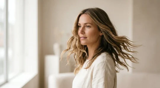 Mujer con ondas playeras naturales en cabello castaño, textura desenfadada y estilo bohemio