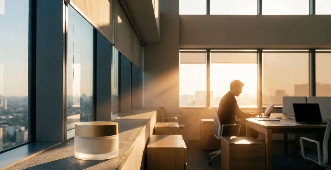 Escena editorial que representa la protección solar diaria en ambiente de oficina con luz natural a través de ventanas
