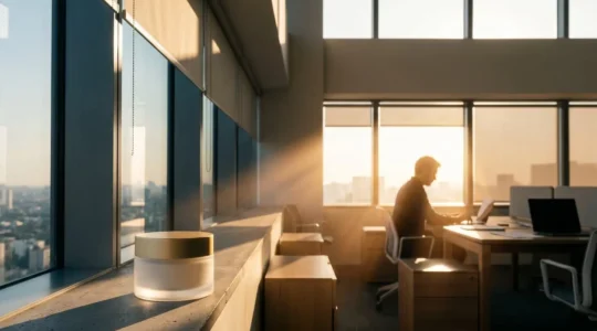 Escena editorial que representa la protección solar diaria en ambiente de oficina con luz natural a través de ventanas
