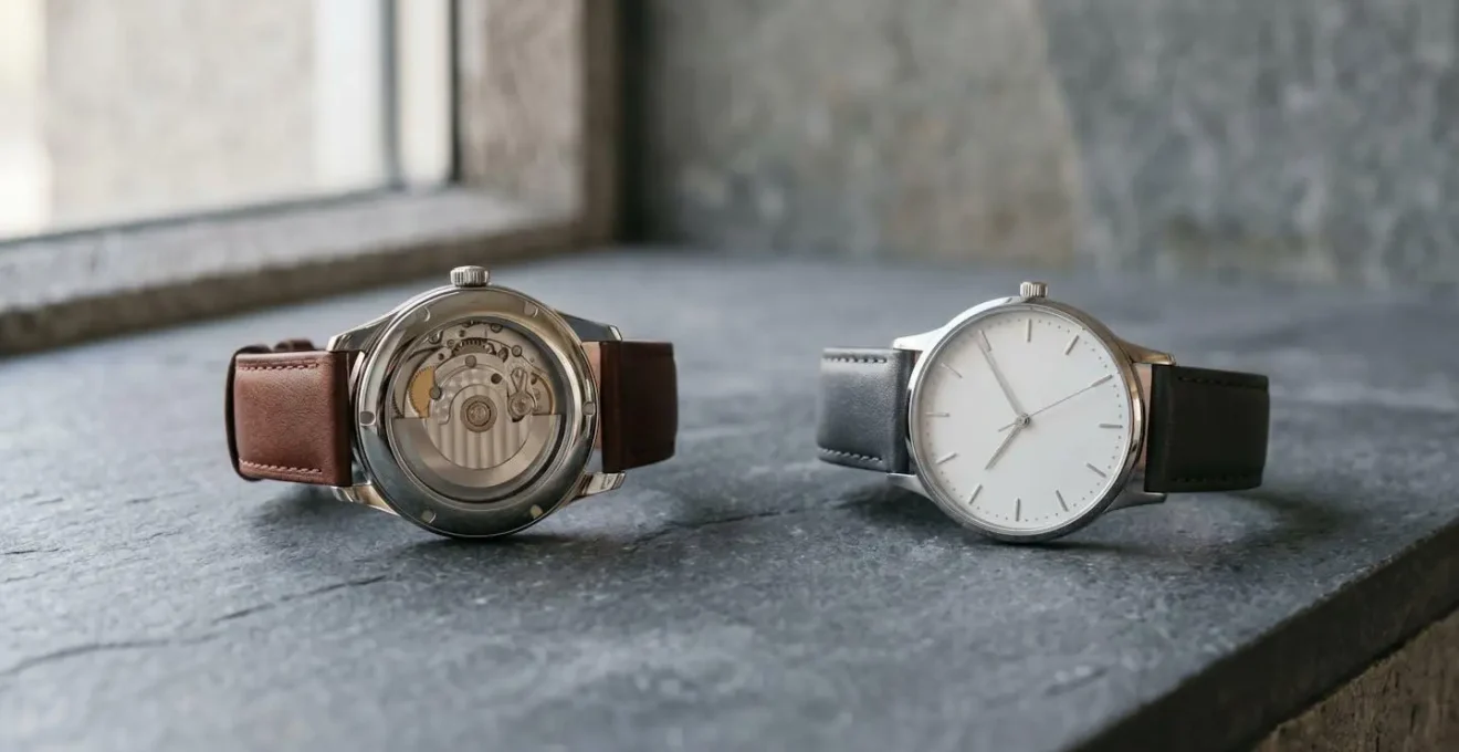 Comparación visual entre reloj automático y reloj de cuarzo para uso diario sin mantenimiento