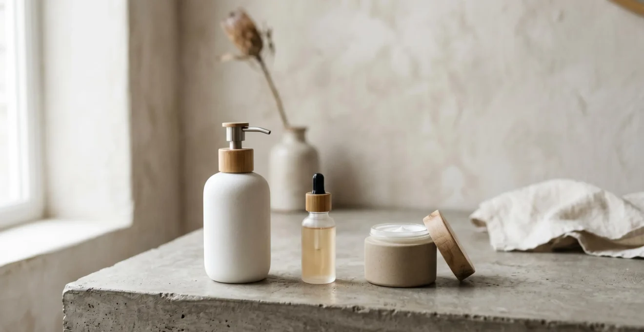 Rutina de cuidado facial minimalista con tres productos esenciales sobre superficie neutra con luz natural