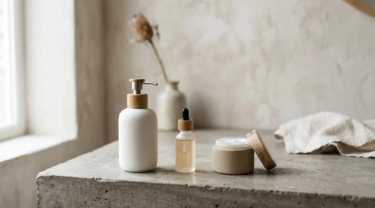 Rutina de cuidado facial minimalista con tres productos esenciales sobre superficie neutra con luz natural