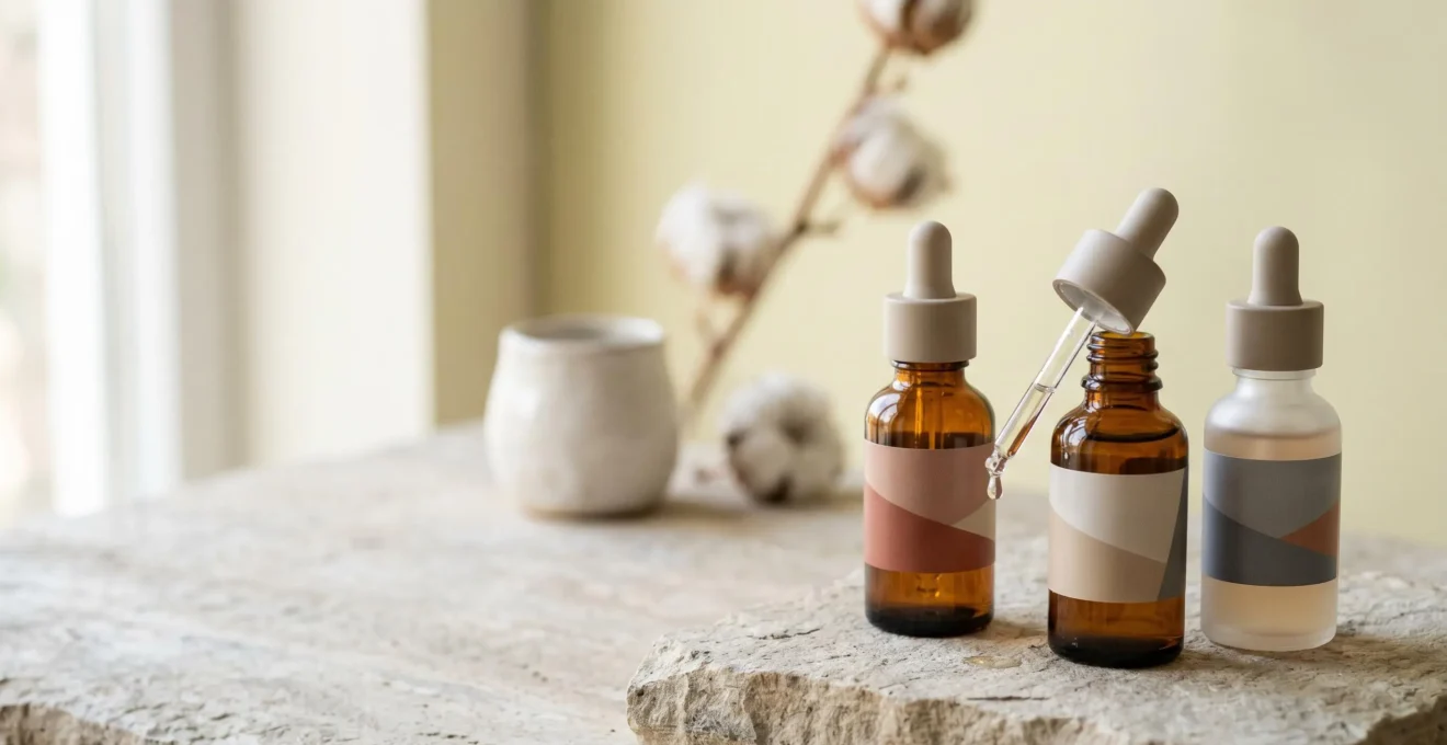 Sérums faciales con ingredientes activos sobre superficie minimalista con texturas naturales y luz suave