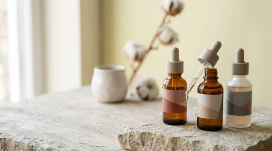 Sérums faciales con ingredientes activos sobre superficie minimalista con texturas naturales y luz suave