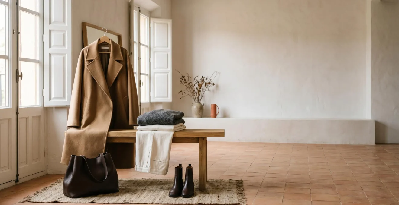 Composición editorial de moda otoño-invierno con texturas premium y paleta neutra sofisticada