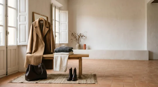 Composición editorial de moda otoño-invierno con texturas premium y paleta neutra sofisticada