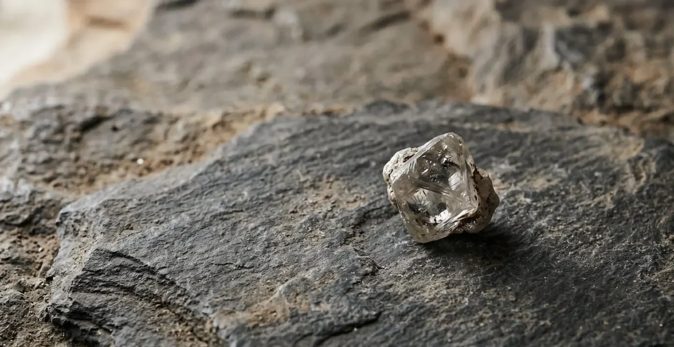 Diamante en bruto sobre fondo mineral con luz natural difusa que simboliza la transparencia en la cadena de suministro de joyas