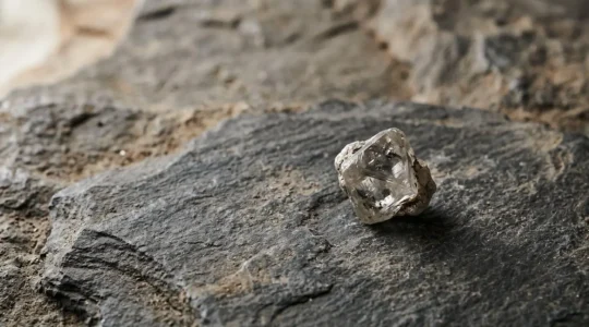 Diamante en bruto sobre fondo mineral con luz natural difusa que simboliza la transparencia en la cadena de suministro de joyas